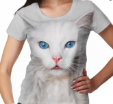 Camiseta feminina estampa gato angorá olhos azuis tamanho GG